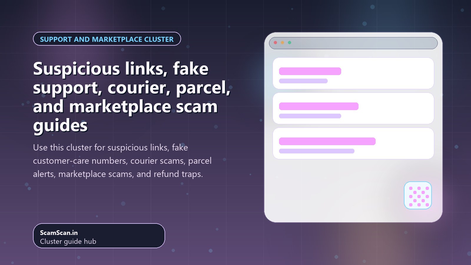 Suspicious links, fake support, courier, parcel, and marketplace scam guides cover image